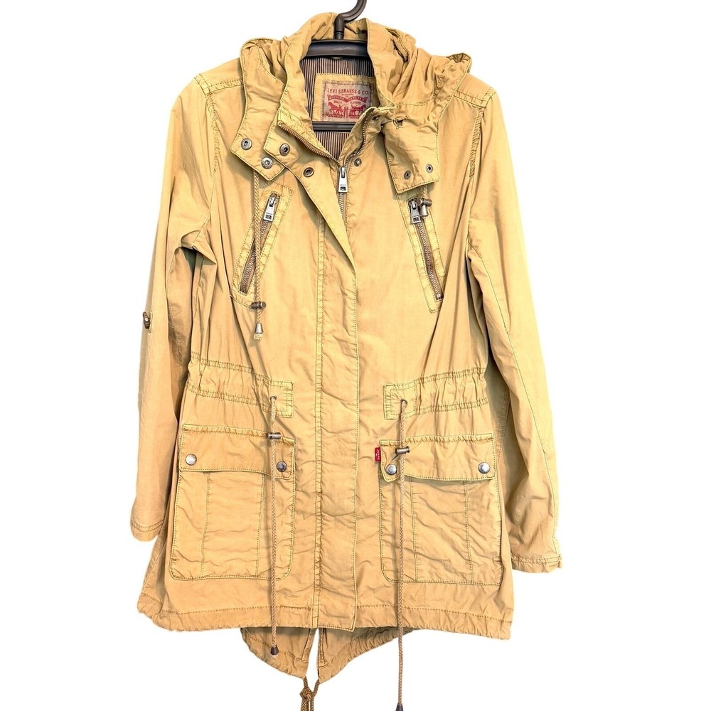 Levi Stauss Womens Med Tan Zipper Hooded Jacket Y2K Hiking Utility Walking
